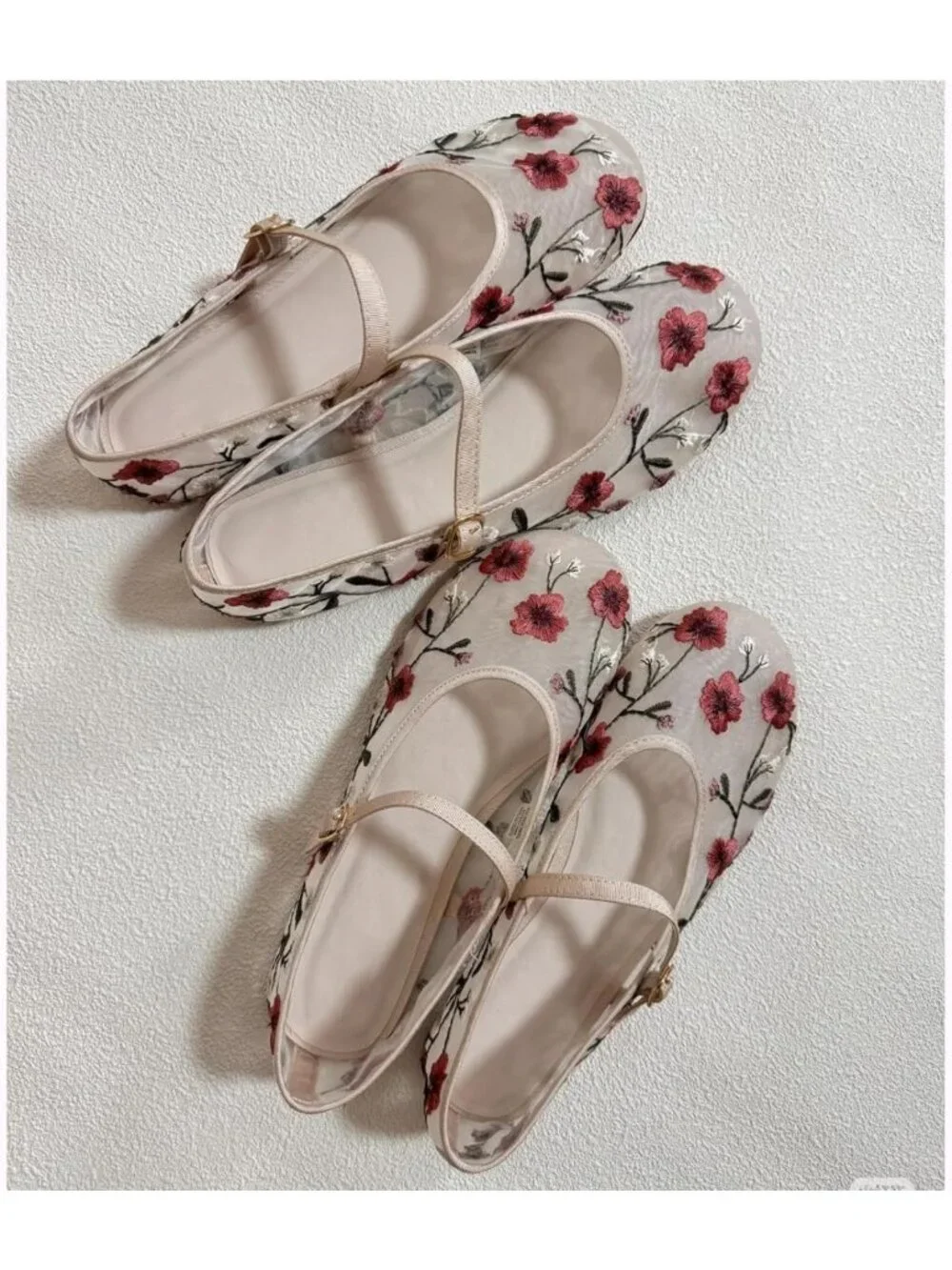 Floral Embroidered Mesh Ballet Flats for Women - Round Toe Mary Jane Style